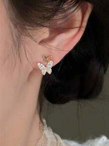 1對法式閃亮水鑽蝴蝶翼形耳環,小巧多變,適合女性日常佩戴 - 蝴蝶型 - 查看 2