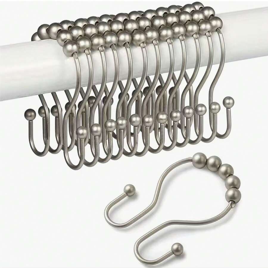 12pcs Rust-Resistant Stainless Steel Shower Curtain Hooks - Anti-Drop Double Hooks For Smooth Sliding & Balance - Silver - View 1