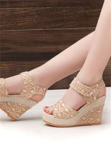 新款时尚优雅坡跟舒适女凉鞋,厚底坡跟凉鞋,透气镂空蕾丝坡跟凉鞋,露趾百搭派对哑光凉鞋 - 金色 - 查看 4