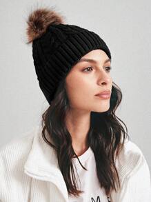 1 Miếng Của phụ nữ Giường đôi tiêu chuẩn Xoắn Lớp đơn Mũ len Với Pom-pom , Thích hợp Đối với Mùa Thu /đông Giữ Ấm - màu đen - Xem 2