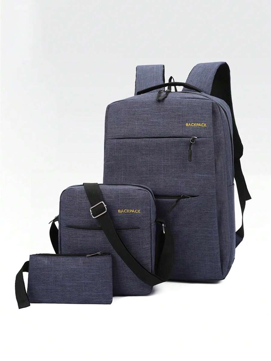 Simple & Lightweight 3pcs/set Large Capacity 15.6 Inch Laptop Backpack, Shoulder Bag & Handbag, Unisex - Blue - View 1