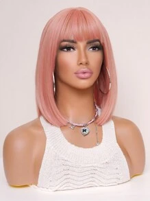 荷花根粉色短直齊瀏海假髮合成髮,可愛適合日常使用的時尚髮型 - 藕粉色 - 查看 1