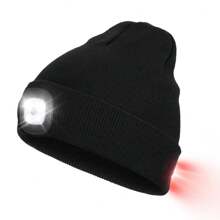 YunTuo 1pc Unisex Usb Rechargeable Led Knitted Hat With Front & Back Light, Three Adjustable Brightness Levels, Winter Warm Outdoor Sports Essential, Suitable For Daily Commuting, Walking Dog, Running, Fishing, Snow Shovel, Hiking, Cycling - Black - View 1