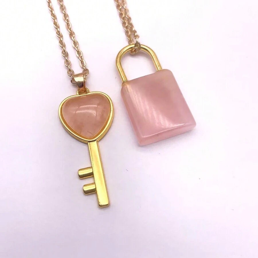 1 套時尚個人化項鍊吊墜 - 心形和鑰匙形吊墜,天然水晶和金屬雕刻,適合情侶日常佩戴和作為禮物