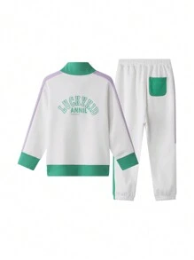 Annil Tween 女童和女童冬季户外运动服拼色立领儿童运动衫和裤子 2 件套