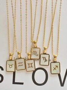 MECYLIFE 1 Pièce Collier Signe Du Zodiaque De Coquille, Pendentif Carré En Acier Inoxydable Avec Coquille Blanche, Parfait Pour Les Femmes