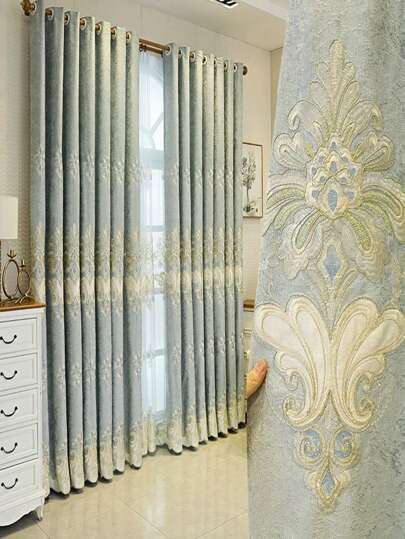 1pc High-grade European Style Thickened Snowy Embroidery Window Curtain, Nordic Style, Sun Block, Simple Design, Suitable For Living Room And Bedroom Sku - Window Curtain Cloth With Complete Processing, Not Including The Gauze