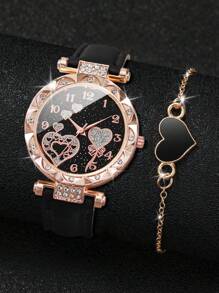Women's Fashionable Leather Strap Wristwatch With Starry Sky, Heart Shaped Dial, Rhinestone Decor And Matching Bracelet Set (2pcs/Set) As A Gift For Students Returning To School Valentines