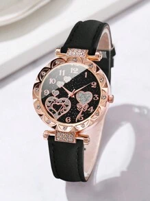 Women's Fashionable Leather Strap Wristwatch With Starry Sky, Heart Shaped Dial, Rhinestone Decor And Matching Bracelet Set (2pcs/Set) As A Gift For Students Returning To School Valentines
