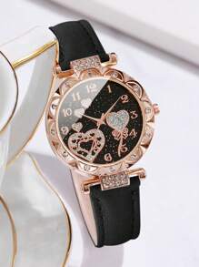 Women's Fashionable Leather Strap Wristwatch With Starry Sky, Heart Shaped Dial, Rhinestone Decor And Matching Bracelet Set (2pcs/Set) As A Gift For Students Returning To School Valentines