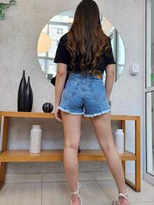 Women Denim Shorts - 中等水洗藍 - 查看 5