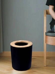 Black Trash Can With Bamboo Lid - Black - View 6