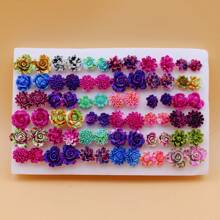 18對/36對簡單海綿包裝隨機混合彩色樹脂花芯耳釘套裝,包含塑料耳釘 - 彩色 - 查看 6