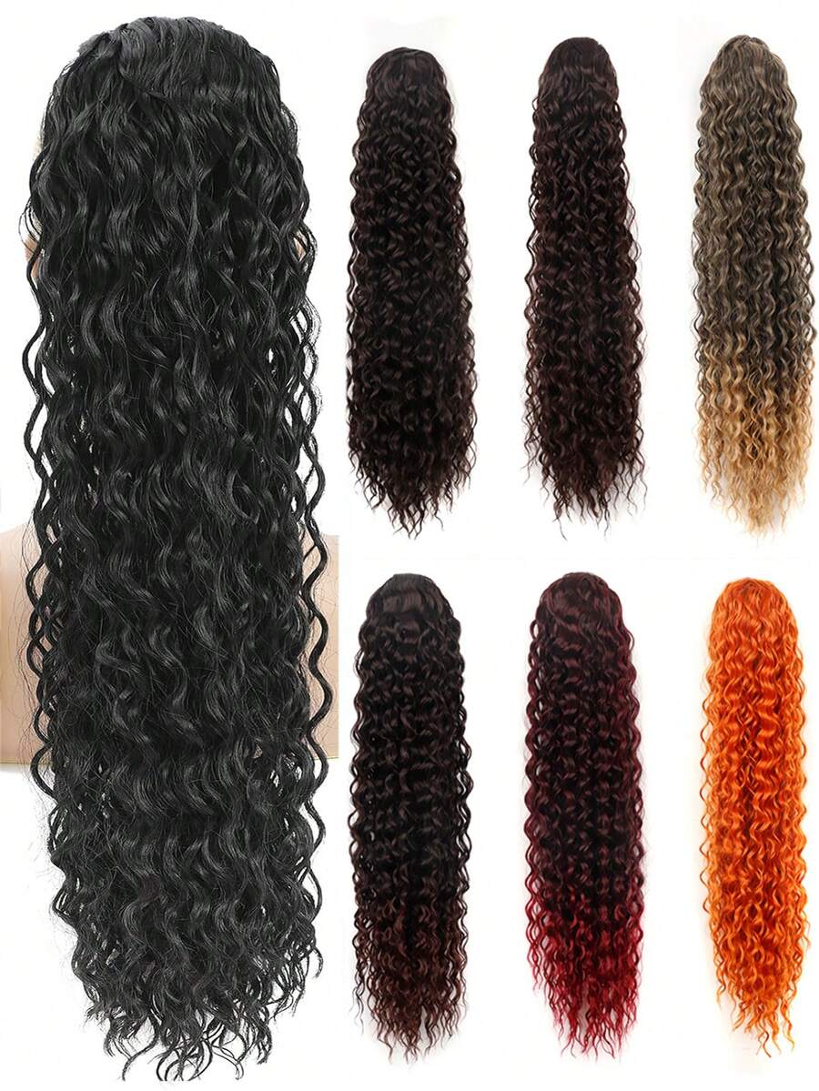 1 Miếng Đen Sóng sâu Dây rút Quăn Phần mở rộng tóc đuôi ngựa , 24 Inch Quăn Phần mở rộng tóc đuôi ngựa Đối với phụ nữ , Tự nhiên Đen Sợi tổng hợp Sóng nước Nối tóc - màu đen - Xem 1