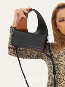 CEZIRA 時尚雙色扭轉手柄方形蓋子手提袋,小號pu素面人造皮革可調長帶斜背手提包,優雅百搭全季適用女性手袋 - 黑色 - 查看 3