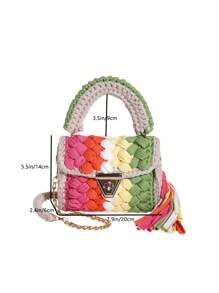 1pc Handmade Crochet Strip Multicolor Khaki Shoulder Bag, Color Blocking Design, And Minimalist Square Shape, Detachable Chain Handle, Large Capacity, Perfect For Daily Use, Party And As A Gift For Friends - Khaki - View 11