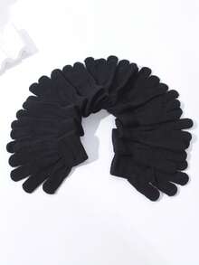 6對兒童純色針織暖手套,可指尖式設計,適用於幼稚園和小學生 - 黑色 - 查看 2