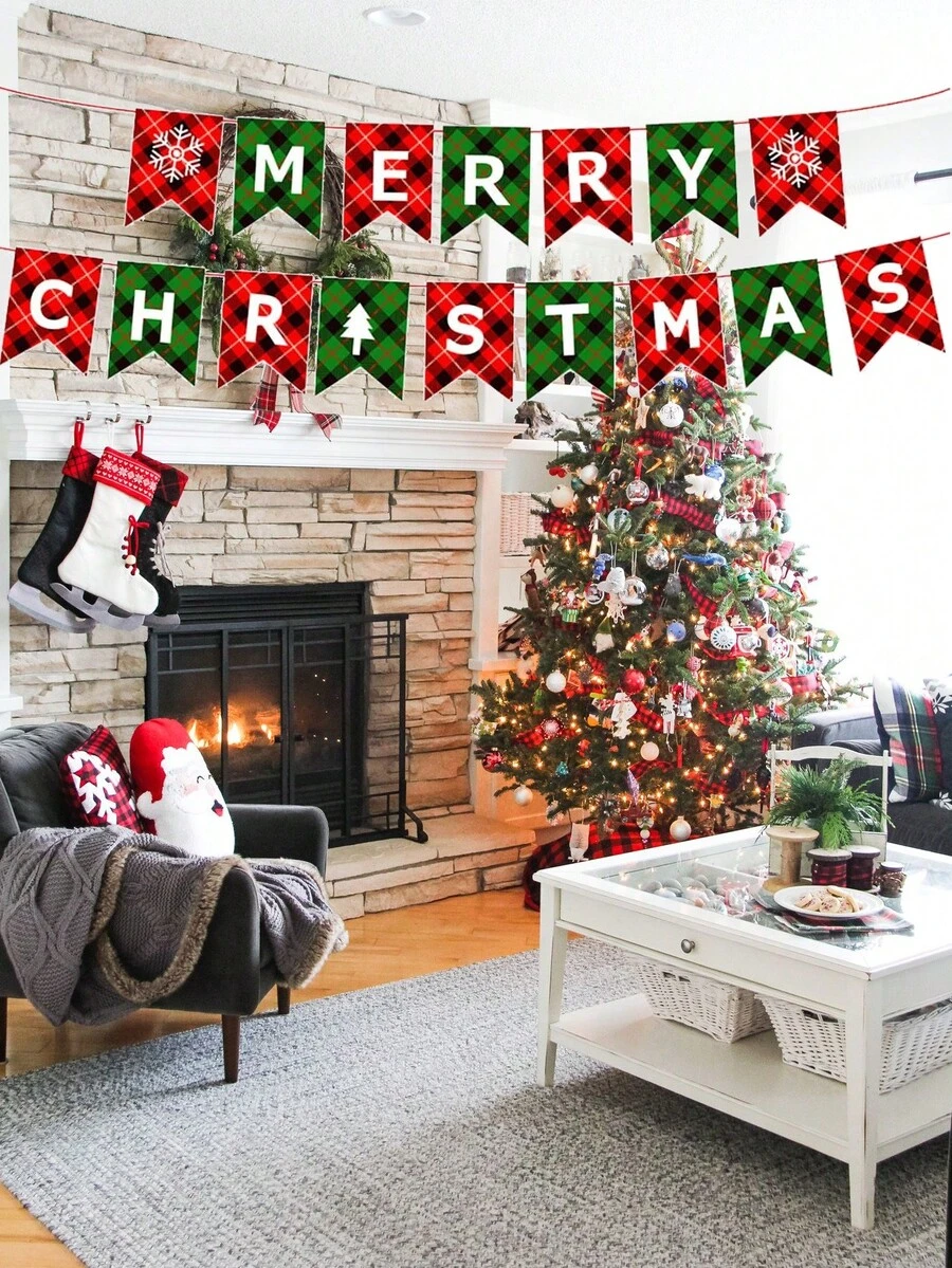 1 Biểu ngữ Giáng sinh vui vẻ, Biểu ngữ treo giấy đỏ xanh, Biểu ngữ Giáng sinh ông già Noel, người tuyết, dùng để trang trí lò sưởi trong nhà ngoài trời và trang trí tiệc - Nhiều màu - Xem 1