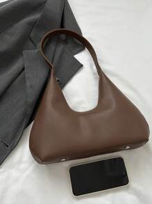 1pc Brown Pu Zipper Shoulder Bag With Rivet Decoration, Suitable For Ladies' Daily Use - Brown - View 5