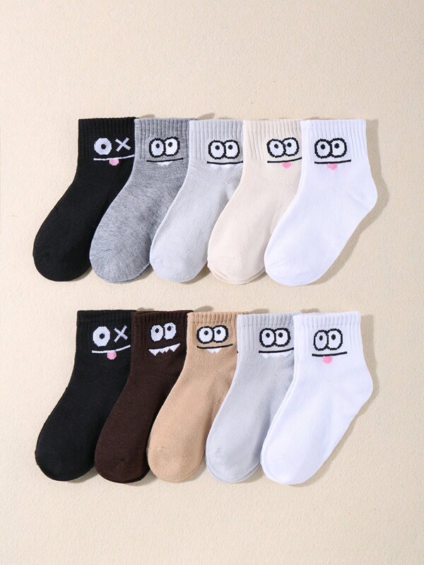 10 Pairs Kids' Elastic Athletic Cartoon Expression Socks, Crew Length