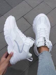 Women's Fashionable Breathable, Comfortable, Slip-resistant, Wear-resistant, High-top Sneakers With Round Toe And Lace-up Design - White - View 5