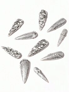 (l號碼)使用10入組手工壓花假指甲,銀色閃爍閃光款式時尚適用於派對女性和女孩們 - 彩色 - 查看 4