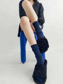 1 Pair Unisex Solid Color Thick Thread Mid-Calf Socks With Vertical Stripe Design, Daily Wear, Simple Style, Fall