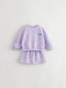 2pcs/set Young Girls' Sweet & Fun Cat Print Oversized Sweatshirt And Pleated Skirt Outfits For Autumn