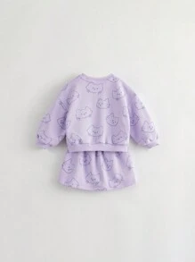 2pcs/set Young Girls' Sweet & Fun Cat Print Oversized Sweatshirt And Pleated Skirt Outfits For Autumn