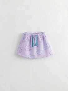 2pcs/set Young Girls' Sweet & Fun Cat Print Oversized Sweatshirt And Pleated Skirt Outfits For Autumn