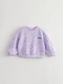 2pcs/set Young Girls' Sweet & Fun Cat Print Oversized Sweatshirt And Pleated Skirt Outfits For Autumn