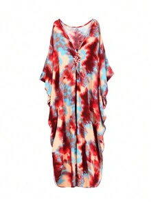 Tie Dye Print Batwing Sleeve Cover Up Dress House Dress - Red - View 10