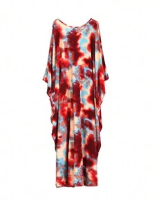 Tie Dye Print Batwing Sleeve Cover Up Dress House Dress - Red - View 11