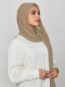1pc Ladies' Pearl Decor Solid Color Chiffon Scarf, Suitable For Daily Use Headband Soft Hijab For Abaya Veiled Clothes - Camel - View 3