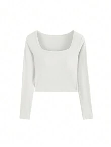 女款長袖合身 T 卹,方領羅紋腰帶,墊胸,適合疊穿