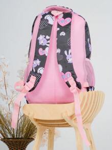 Mochila grande Nylon impermeável escolar faculdade com desenhos de coelhos - Preto - Visão 2