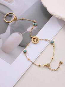 1pc Tree of Life & Turquoise Decor Finger Ring - Yellow Gold - View 4