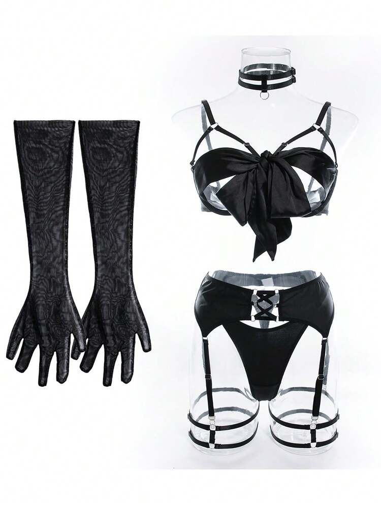 Sexy Bondage Hollow Strap Long Gloves & Breast Bonding Lingerie Set, Including 6pcs - Black - View 2