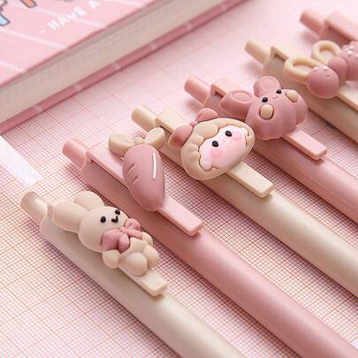 6pcs Cute Cartoon Neutral Pens With Stickers, Button Activated,Uses 0.5mm Black Ink For Exams,Office Supplies And Signatures Back To School