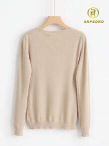 Camiseta Tejida De Manga Larga - Suéter Ligero Pero Calientito Con Cuello Redondo Y Puño Ajustado - Ropa Para Cenas y Eventos Sociales - Beis - Ver 3