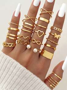 22pcs/set Affordable Hollow Out Heart, Infinity Symbol, Geometric Design Rings - Yellow Gold - View 1