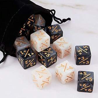 10 piezas de dados contadores de 16 mm con 6 caras, con bolsa de almacenamiento, dados de ficha de talla grande/menos 1/1, dados cúbicos de mármol D6 compatibles con MTG, CCG, accesorios para juegos de cartas, juegos de fiesta de adultos adecuados para Halloween/Navidad/Acción de Gracias
