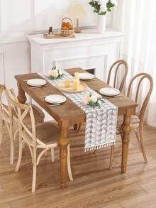 1pc White Lace Table Runner With Fringe And Leaf Pattern For Wedding Party Decoration - Black and White - View 6