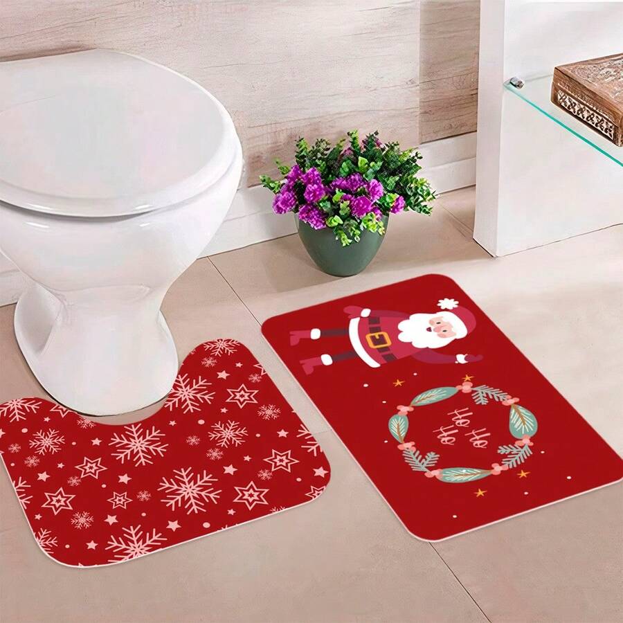 Christmas Bathroom Rug Set Santa Claus And Snowflakes FAST SHIPPING! - 紅色 - 查看 1