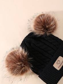 1 件嬰幼兒雙絨球標誌貼片扭紋針織帽 - 黑色 - 查看 3