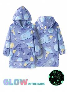 1pc Kids Glow In The Dark Hooded Blanket Sweatshirt With Pocket, Warm Flannel Unicorn Blanket Sweater - Space Planet - View 2