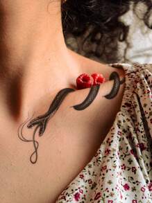 1張黑色抽象小蛇紋身暫時貼紋,適用於肩部、頸部、鎖骨、身體 - 黑色 - 查看 3