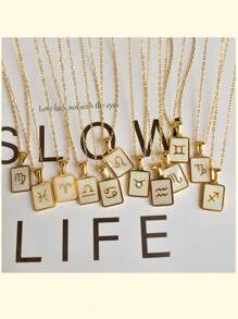 MECYLIFE 1 Pièce Collier Signe Du Zodiaque De Coquille, Pendentif Carré En Acier Inoxydable Avec Coquille Blanche, Parfait Pour Les Femmes
