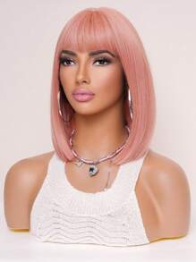 荷花根粉色短直齊瀏海假髮合成髮,可愛適合日常使用的時尚髮型 - 藕粉色 - 查看 3