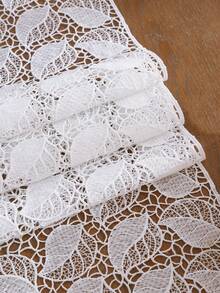 1pc White Lace Table Runner With Fringe And Leaf Pattern For Wedding Party Decoration - Black and White - View 4